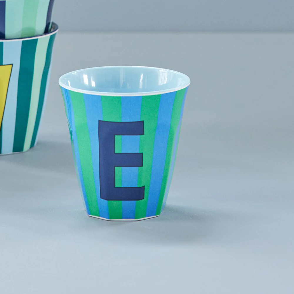 Rice  Melamin Becher Mittel 'Buchstabe E' Multicolor Stripes Dusty Blue - Image 2
