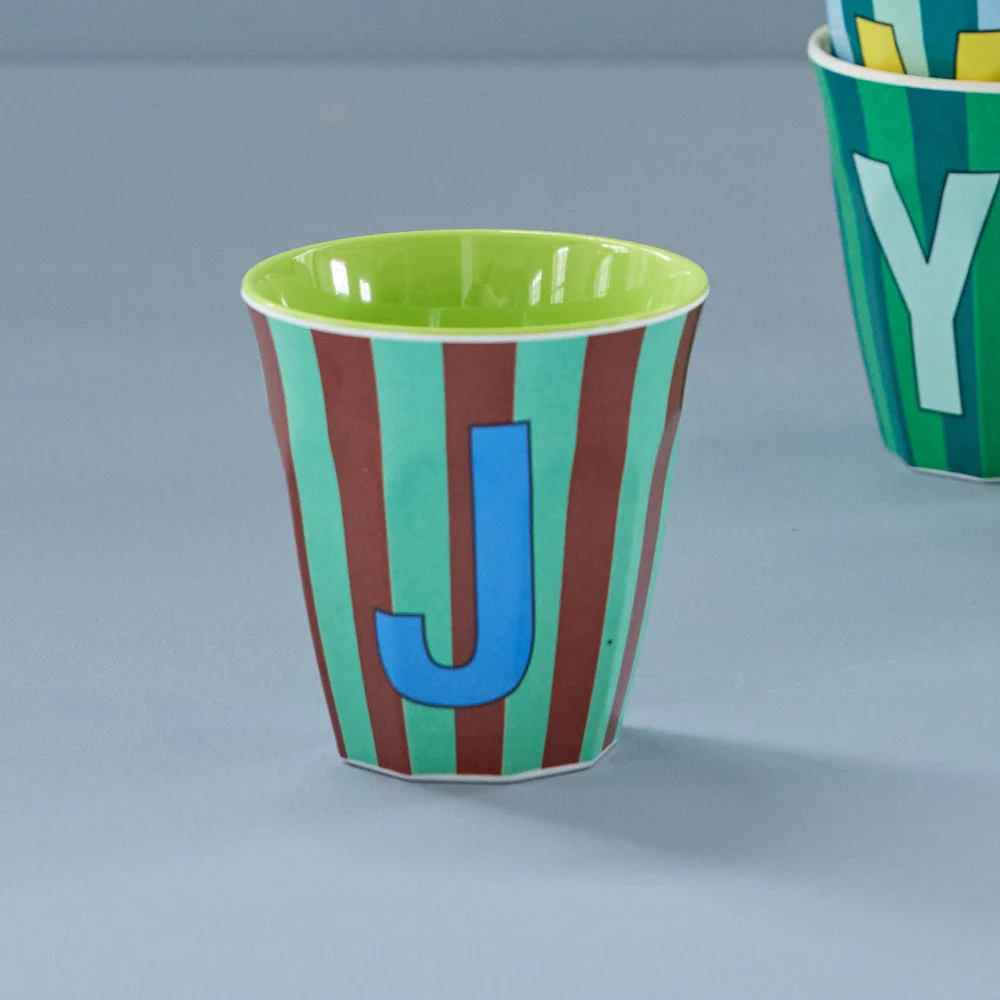 Rice  Melamin Becher Mittel 'Buchstabe J' Multicolor Stripes Green - Image 2