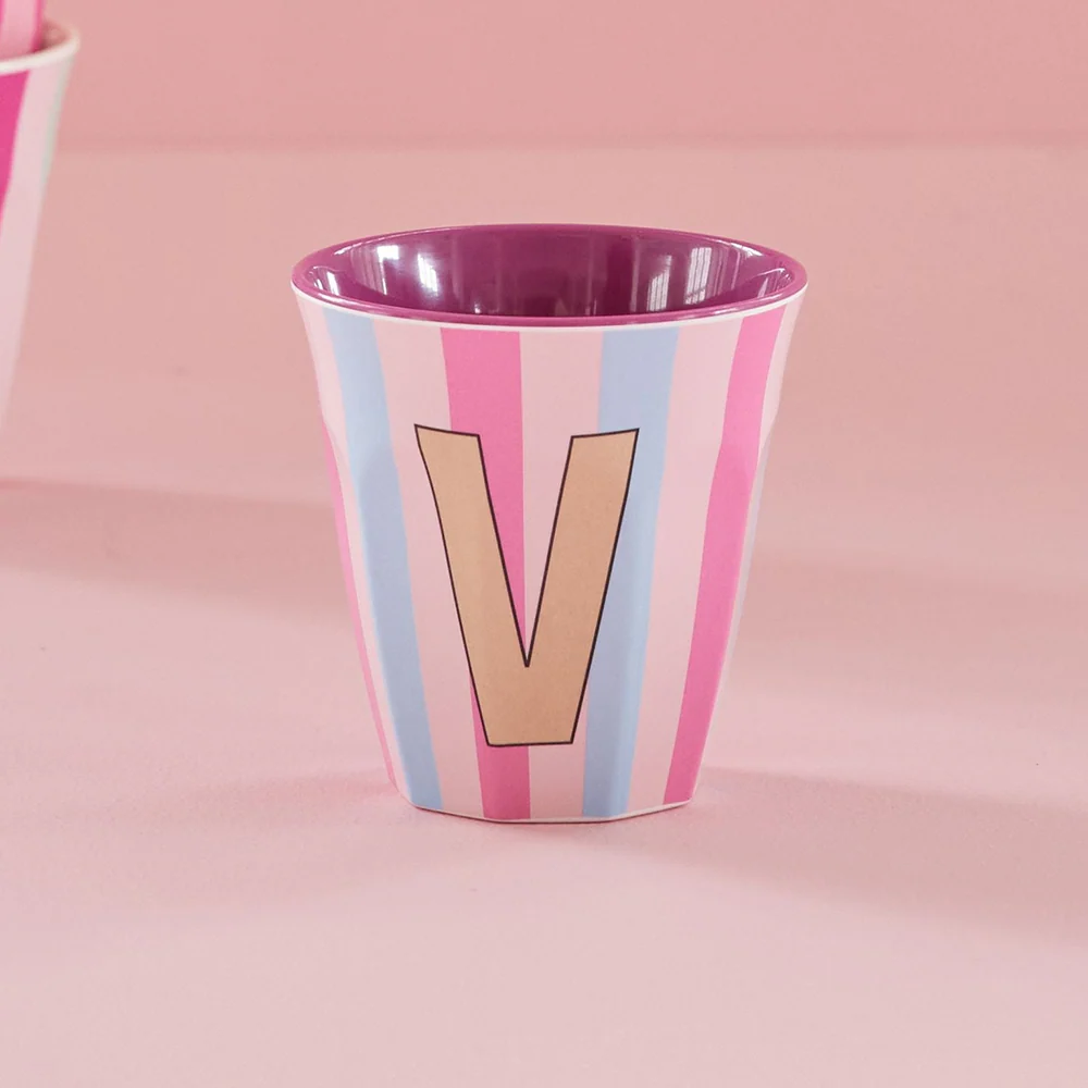 Rice  Melamin Becher Mittel 'Buchstabe V' Multicolor Stripes Pink - Image 2